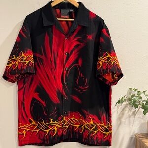 C-Two Men’s XL Black Red Tribal Flame Fire Print Button Down Shirt Y2K Bowling